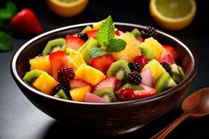 AI generated Photo of a colorful fruit salad with fresh, vibrant ingredients glistening with juiciness. Generative AI