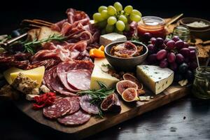 AI generated Photo of a gourmet cheese and charcuterie board with accompaniments. Generative AI