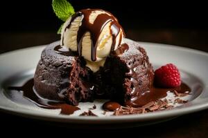 ai generado foto de un decadente chocolate lava pastel rezumando con cálido, pegajoso chocolate. generativo ai