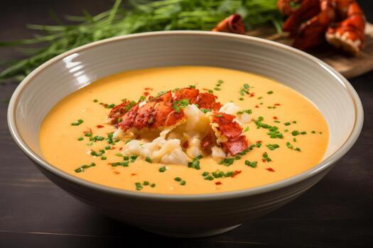 ai generado foto de un cuenco de Rico y cremoso langosta sopa de mariscos sopa. generativo ai