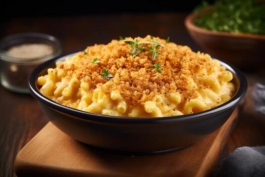 AI generated Photo of a delectable bowl of creamy macaroni and cheese with a crispy breadcrumb topping. Generative AI