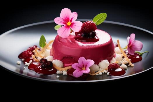AI generated Photo of a fine dining dessert, like a raspberry sorbet with edible flowers. Generative AI