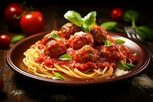 AI generated Photo of a classic spaghetti and meatballs dish with a savory tomato sauce. Generative AI