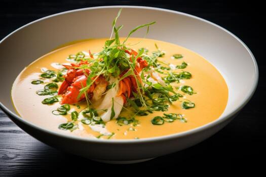 AI generated Photo of a bowl of rich and creamy lobster bisque soup. Generative AI