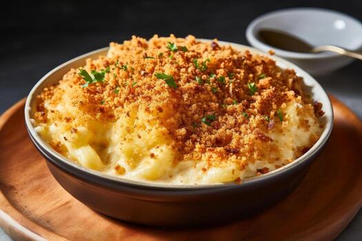 AI generated Photo of a delectable bowl of creamy macaroni and cheese with a crispy breadcrumb topping. Generative AI