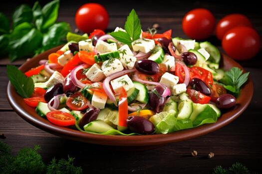 AI generated Photo of a colorful and appetizing Mediterranean salad with feta cheese and olives. Generative AI