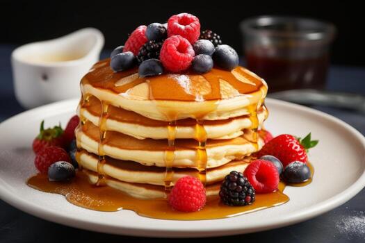 AI generated Photo of a plate of fluffy pancakes drizzled with maple syrup and topped with berries. Generative AI