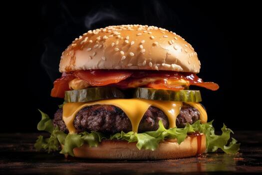 AI generated Photo of a mouthwatering cheeseburger with perfectly melted cheese and crisp lettuce. Generative AI