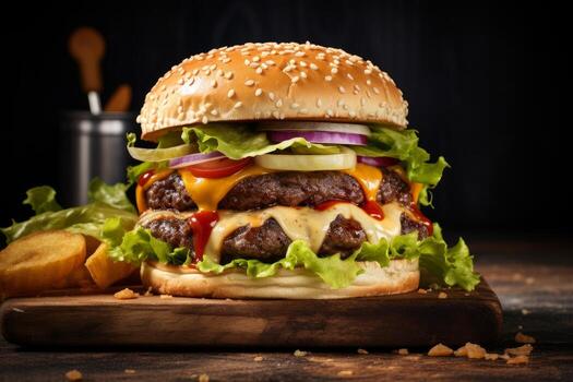 AI generated Photo of a mouthwatering cheeseburger with perfectly melted cheese and crisp lettuce. Generative AI