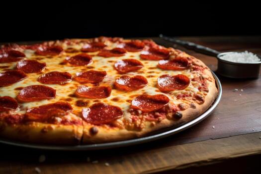 AI generated Photo of a piping hot pepperoni pizza with bubbling cheese and a golden crust. Generative AI