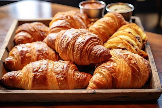 AI generated Photo of a tray of artisanal pastries and croissants, fresh from the bakery. Generative AI