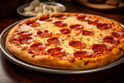 AI generated Photo of a piping hot pepperoni pizza with bubbling cheese and a golden crust. Generative AI