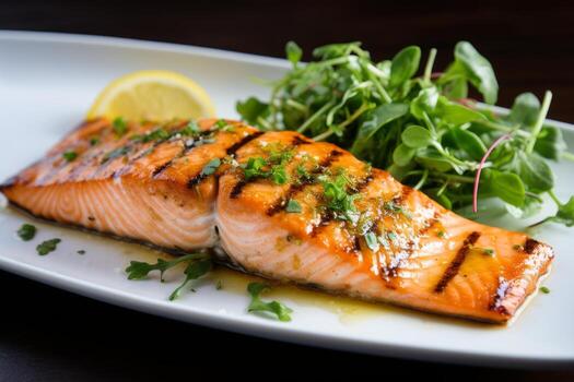 AI generated Photo of a perfectly grilled salmon fillet with a lemon-butter glaze. Generative AI