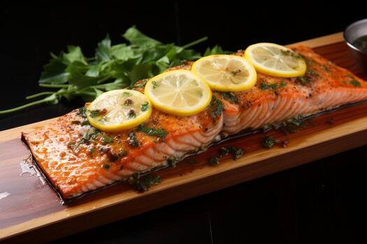 AI generated Photo of a perfectly grilled salmon fillet with a lemon-butter glaze. Generative AI