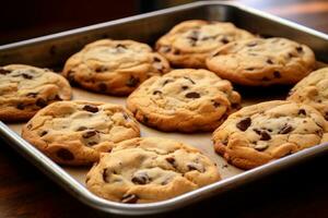 AI generated Photo of a tray of freshly baked chocolate chip cookies, still warm from the oven. Generative AI