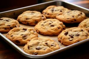 AI generated Photo of a tray of freshly baked chocolate chip cookies, still warm from the oven. Generative AI