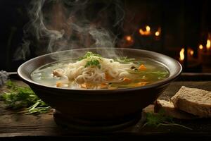 ai generado foto de un rústico y abundante cuenco de hecho en casa pollo fideos sopa con aromático vapor creciente. generativo ai