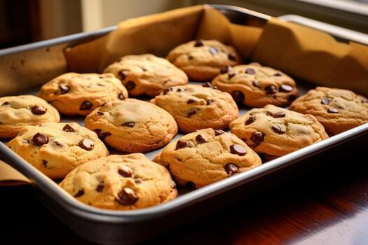 AI generated Photo of a tray of freshly baked chocolate chip cookies, still warm from the oven. Generative AI