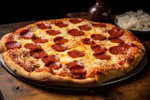 AI generated Photo of a piping hot pepperoni pizza with bubbling cheese and a golden crust. Generative AI