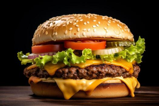 AI generated Photo of a mouthwatering cheeseburger with perfectly melted cheese and crisp lettuce. Generative AI