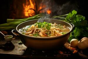 AI generated Photo of a rustic and hearty bowl of homemade chicken noodle soup with aromatic steam rising. Generative AI