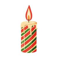 A burning candle decorated with green and red stripes. Decorative holiday candle. Vector illustration.