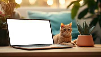 AI generated Ginger cat lying pet near aloe houseplant ai generated laptop template photo