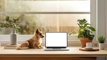 AI generated Mixed breed dog surrounded by houseplants ai generated laptop template photo