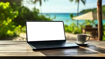 AI generated Beach bar workspace ai generated laptop template photo