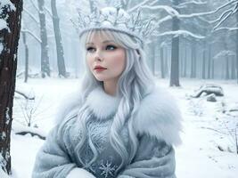 AI generated Snow queen with crown in snow in winter forest ai generate photo