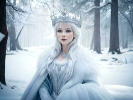 AI generated Snow queen with crown in snow in winter forest ai generate photo