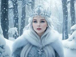 ai generado nieve reina con corona en nieve en invierno bosque ai generar foto