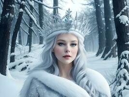 AI generated Snow queen with crown in snow in winter forest ai generate photo