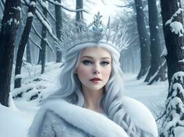 AI generated Snow queen with crown in snow in winter forest ai generate photo