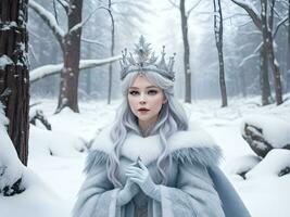 AI generated Snow queen with crown in snow in winter forest ai generate photo