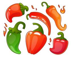 A set of cartoon peppers of various shapes and colors. vector