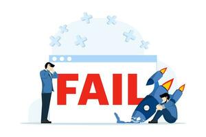 Concept of Failed to start a business. Missing the target, spinning arrow, space rocket launch business failure metaphor. Failed businessman. Modern flat cartoon style. Vector illustration.