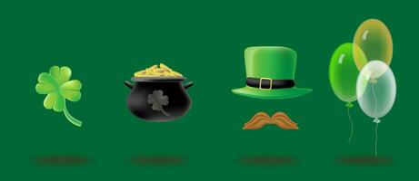 Set 3d St.Patrick's Day with shamrock clower leaf, air balloons, pot of gold and leprechaun hat. vector