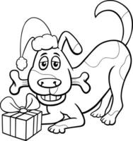 cartoon dog with gift and dog bone on Christmas coloring page vector