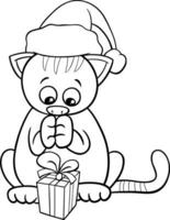 cartoon kitten with gift on Christmas time coloring page vector