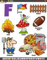 Letter F set with cartoon objects and characters vector