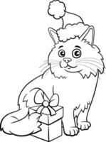 cartoon cat with gift on Christmas time coloring page vector