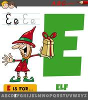 letter E from alphabet with cartoon elf fantasy character vector