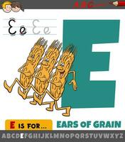letter E from alphabet with cartoon ears of grain characters vector