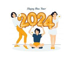 Group of girl holding balloon number of Happy new year 2024 celebrating winter holiday concept illustration vector