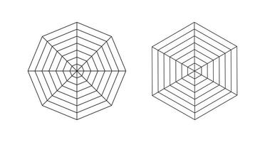 Set of hexagon and octagon simple graphs. Collection of radar or spider diagram templates. Spider mesh. Blank radar charts. Flat web diagrams for statistic, analytics. Vector outlined illustration.