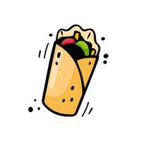 Hand drawn shawarma, doner kebab. Fast food illustration in doodle style. Sketch of burrito twister. Colorful Doner Kebab. vector