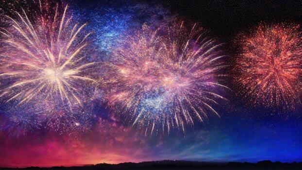ai generado vistoso fuegos artificiales de varios colores terminado noche cielo fondo, contento nuevo año celebracion concepto foto