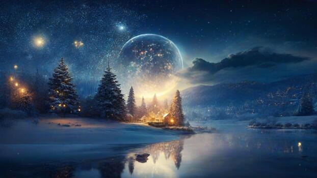 ai generado fantasía invierno paisaje con nieve cubierto arboles y lleno Luna. foto