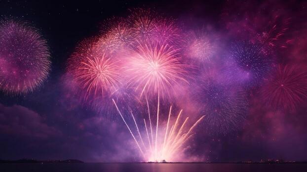 ai generado vistoso fuegos artificiales de varios colores terminado noche cielo con mar antecedentes. foto